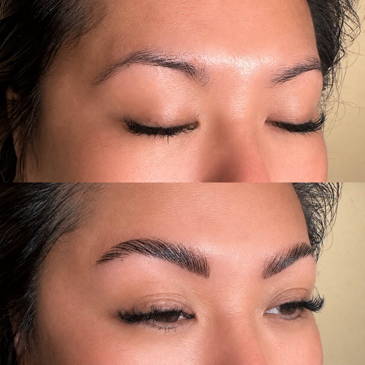 Brow lamination before and after at Maison Kieu Beauté, Newport Beach